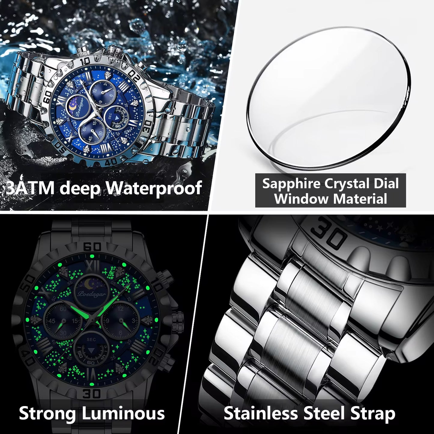 Men's Luxury Waterproof Quartz Chronograph Watch - Luminous Stainless Steel Sports Timepiece