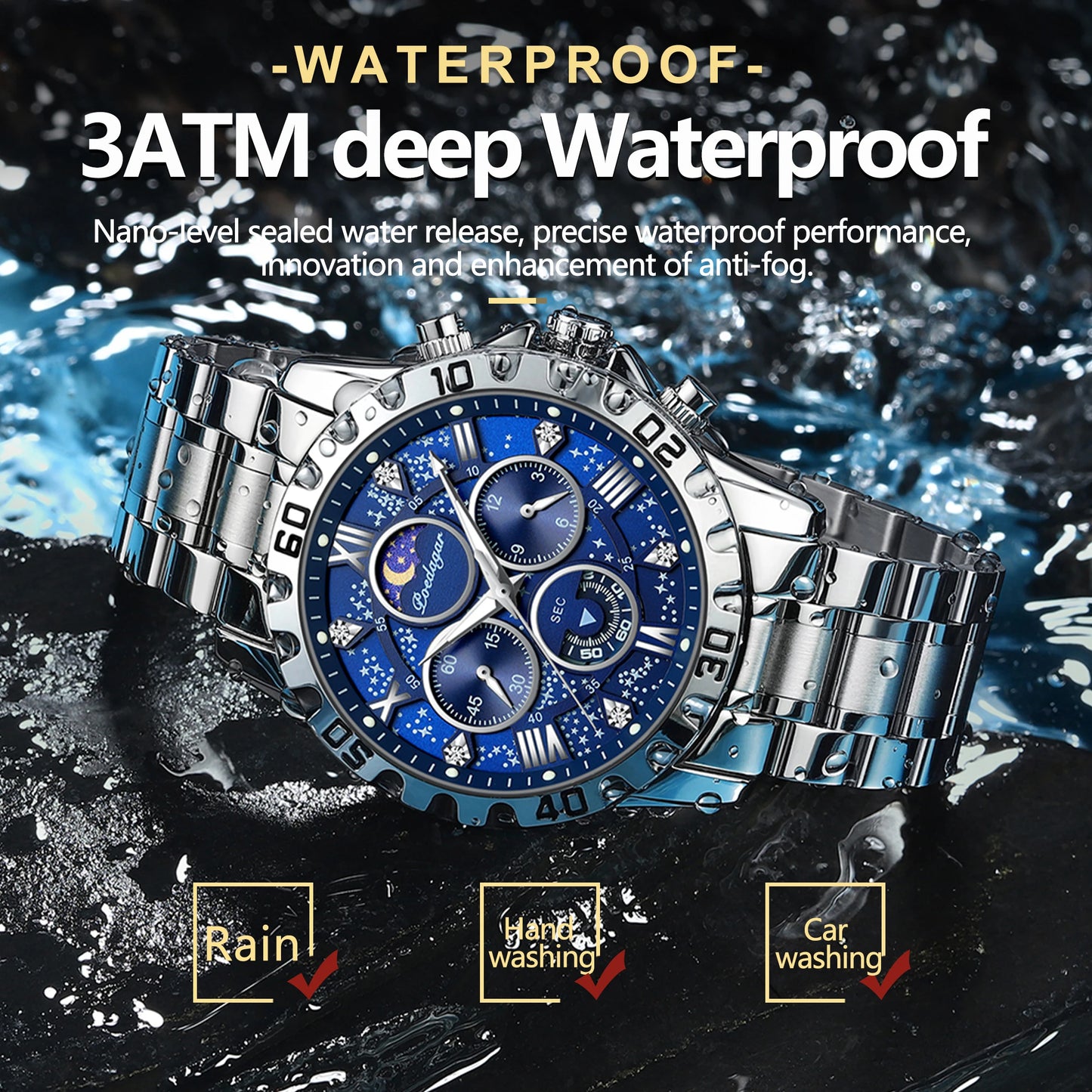 Men's Luxury Waterproof Quartz Chronograph Watch - Luminous Stainless Steel Sports Timepiece