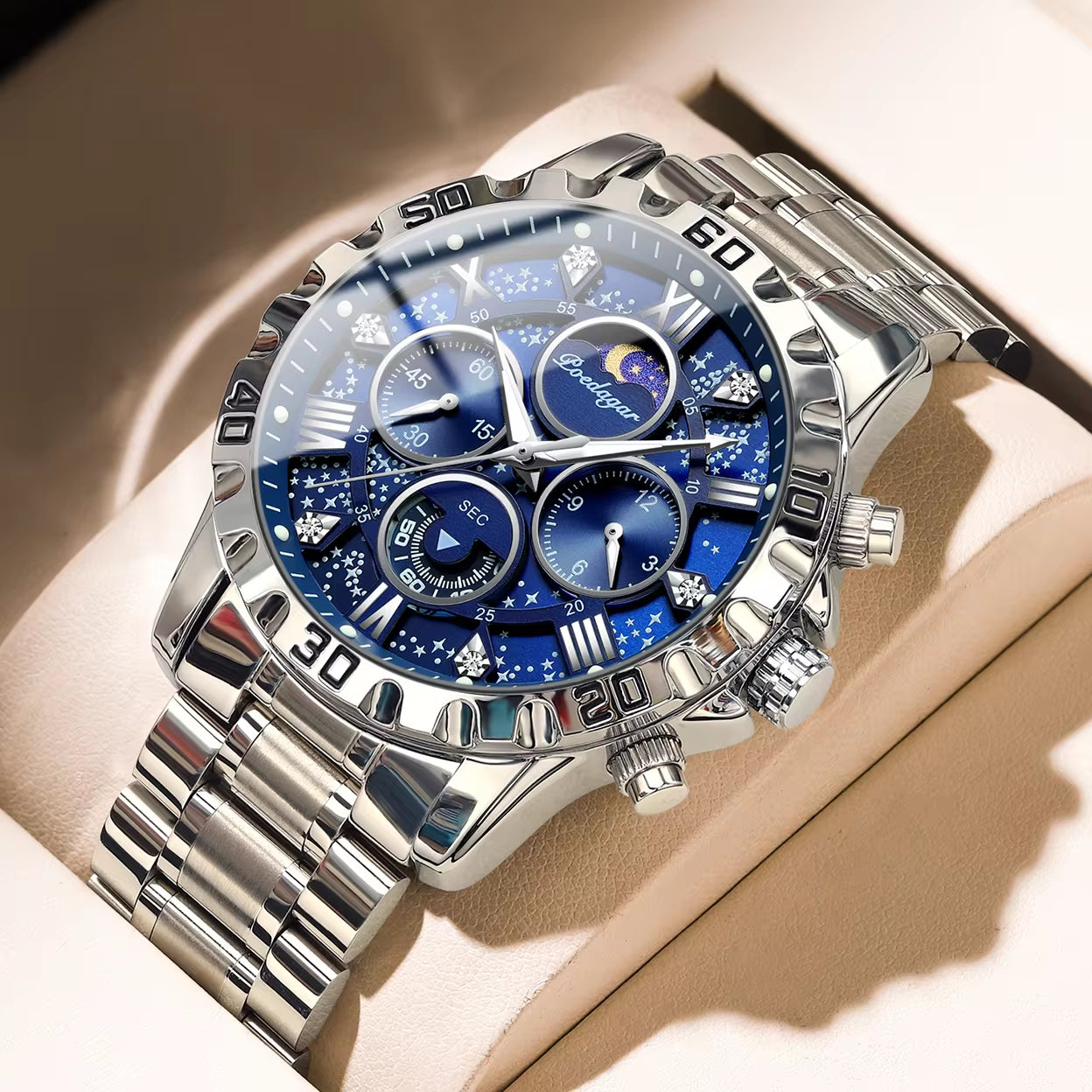Men's Luxury Waterproof Quartz Chronograph Watch - Luminous Stainless Steel Sports Timepiece