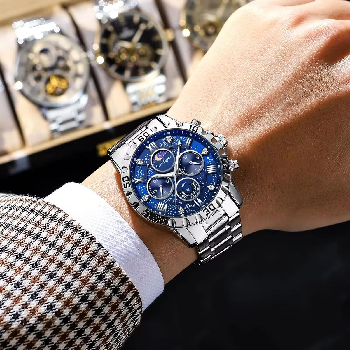 Men's Luxury Waterproof Quartz Chronograph Watch - Luminous Stainless Steel Sports Timepiece