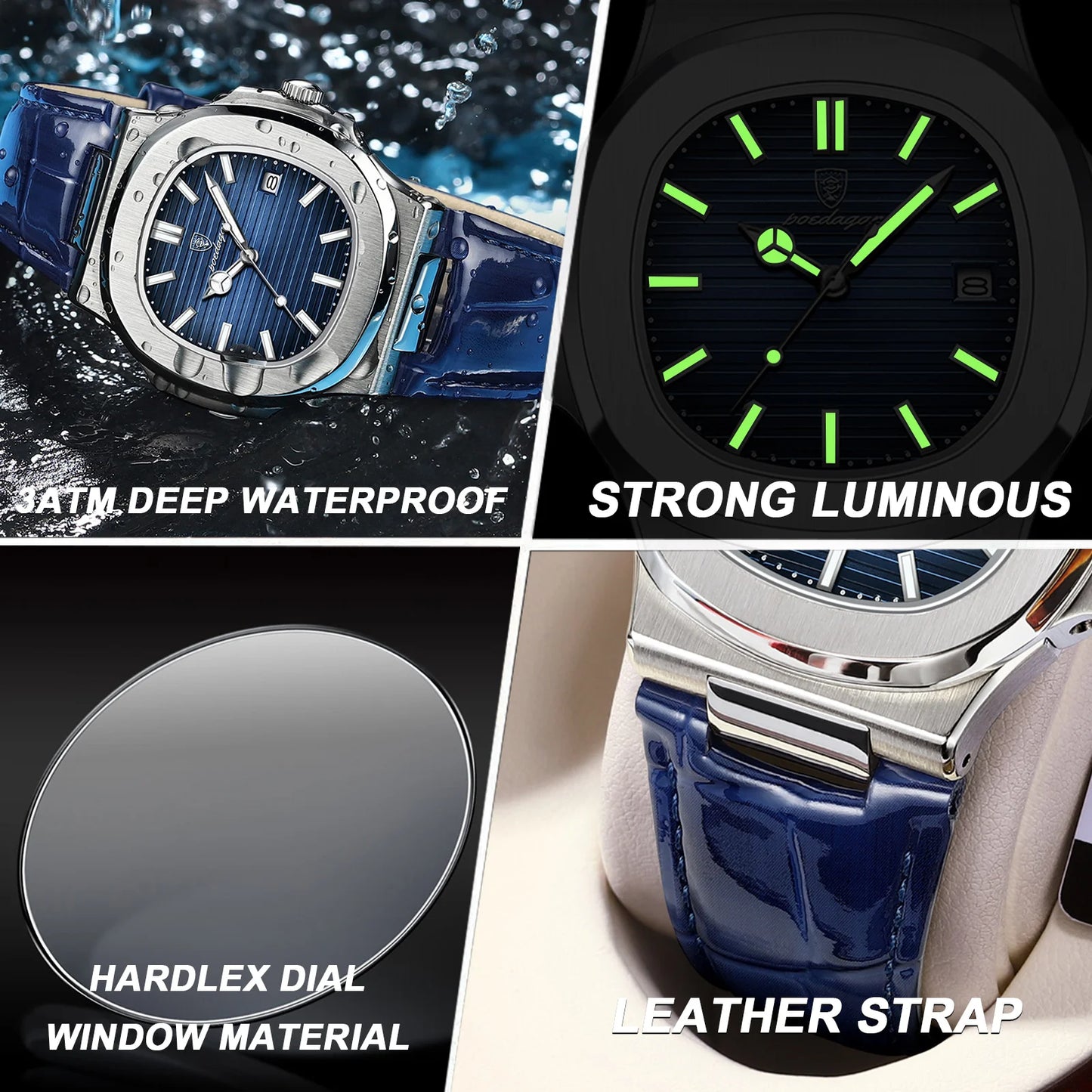 Top Luxury Man Watch Date Waterproof Luminous Leather Watches for Men High Quality Square Men'S Quartz Wristwatch Reloj